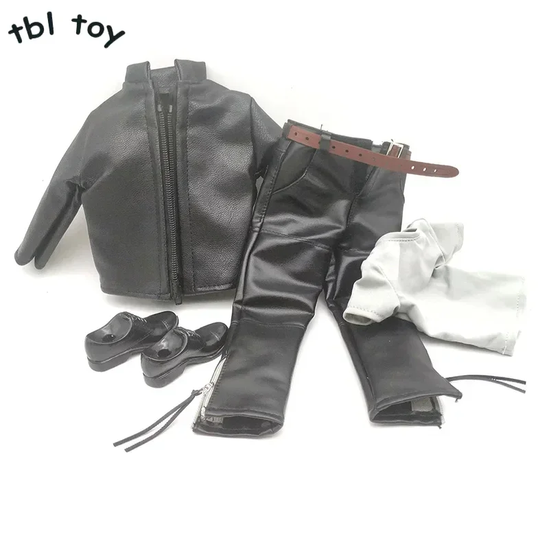 New 1/6 Scale Black Jacket with Leather Pants T-Shirt Belt Shoes Model Set for 12in PH TBL Action Figure Doll Toys