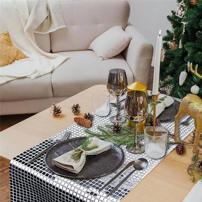 Stable- Disco Party Table Runner Mirror Silver Foil Table Runner Glitter Metallic Table Cover for Disco Dance Party Wedding