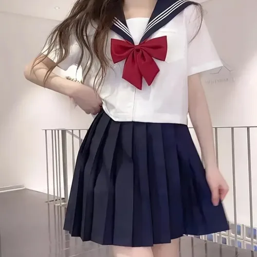 Imagen 2 del producto Uniforme escolar japonés para chica, traje Jk Sexy de primavera y otoño con lazo rojo, uniforme de marinero básico blanco de tres, traje de manga larga para mujer