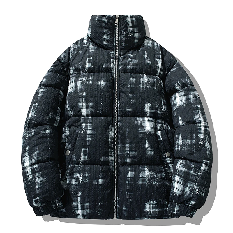 Men's Vintage Plaid Stand Collar Thick Puffer Jacket Loose Warm Casual Zipper Outerwear Autumn Winter Padded Coat