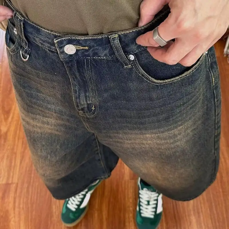MWJLPWQ Men's Washed Retro Denim Shorts Summer Ins Trend Loose Unisex Fashion Personality Loose Casual Wide-Leg Pants New 11951