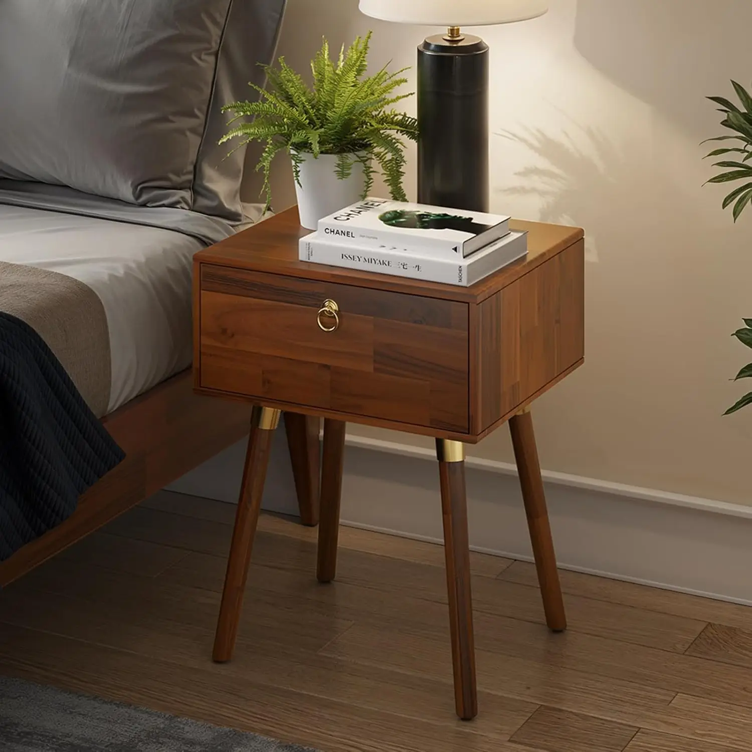 

Solid Wood Nightstand 1-Drawer Fully Assembled Mid Century Bedroom Living Room 12mm Dark Chocolate Customized