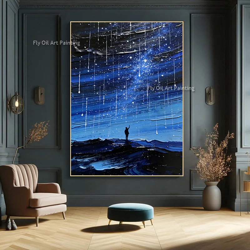 Abstract Black And Blue Beautiful Night Sky Canvas Oil Painting Hand Painted People Stand Under Sky Home Wall Decor Items