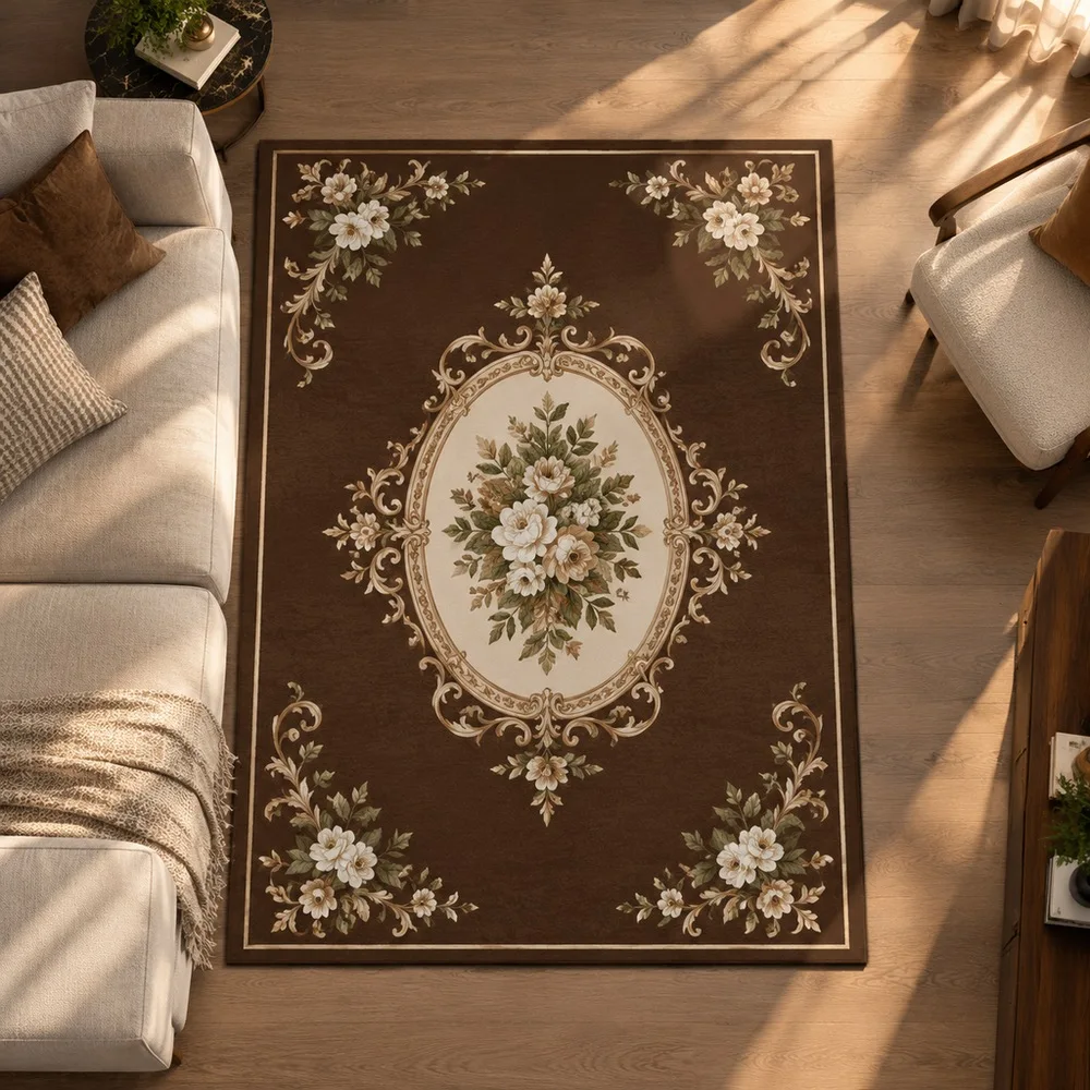 VIKAMA Carpet Rug Espresso Brown Vintage Garden Plant Mix Front Door Window Seat Coffee Table Living Room Modern Home Decor