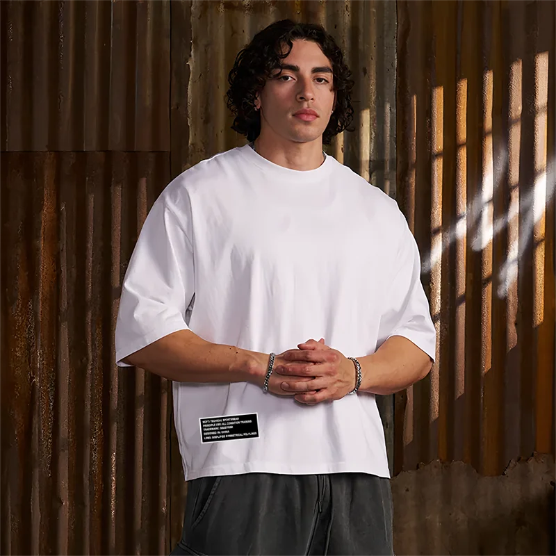 Oversized Boxy Dropped Shoulders Mens Running T-shirts 100% Cotton Heavyweight Half Sleeve Sports T Shirts Casual Gym Clothing