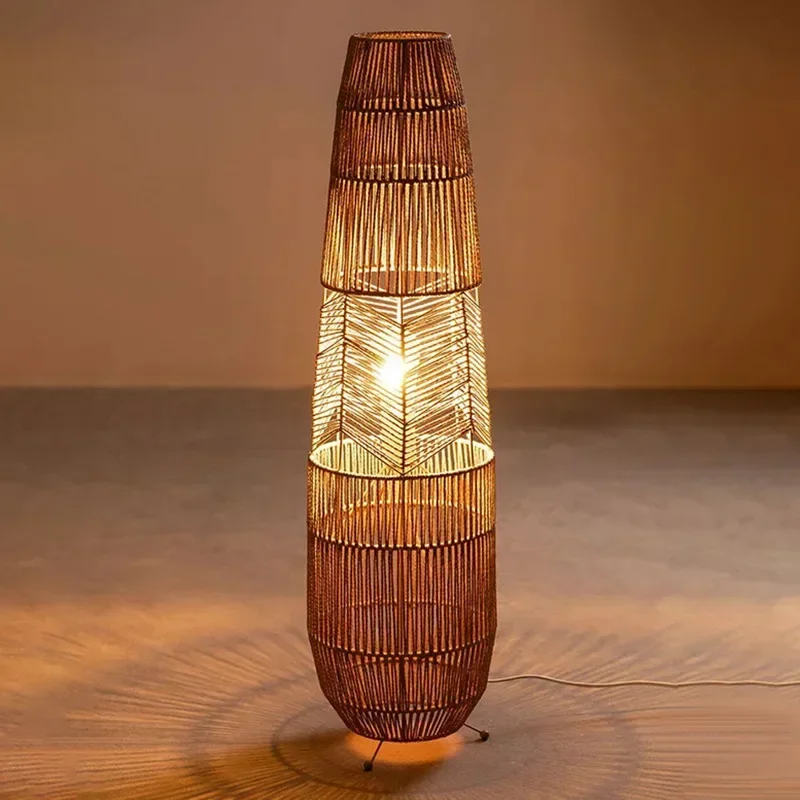 Vinatge Wicker Floor Lamp Retro Hemp Rope Lamp for Living Room Corner Bedroom Teahouse Decor LED Bedside Rattan Standing Lamp