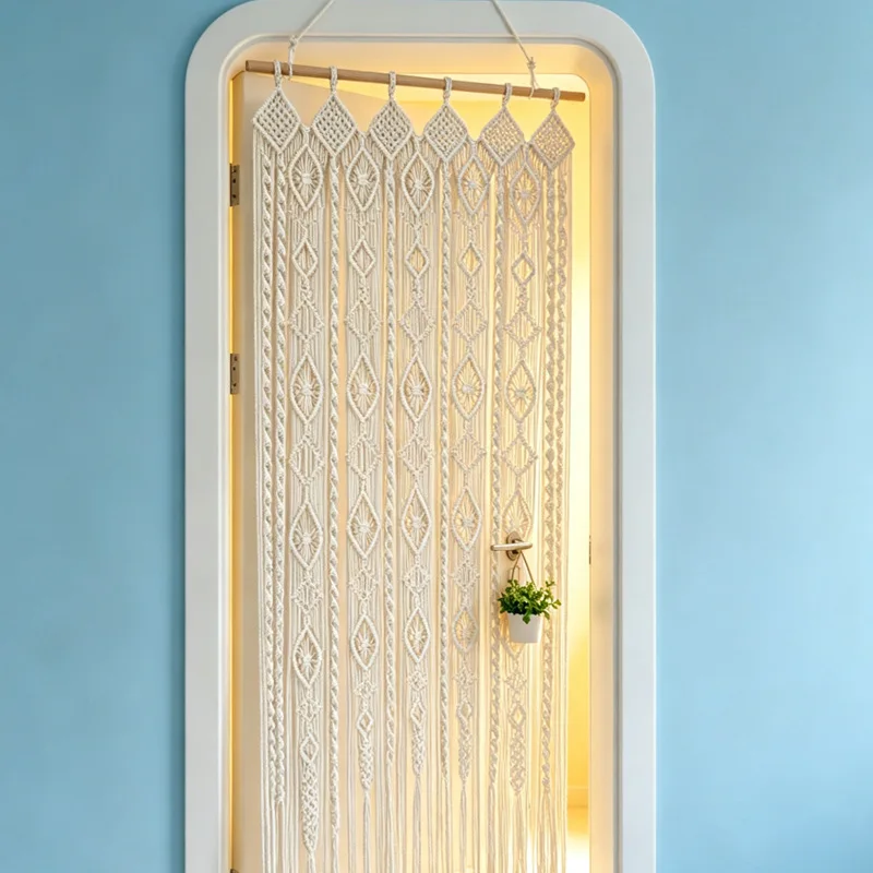 Nordic Bohemian diamond-woven door curtain, no-drill partition tapestry for dining room and study, cotton cord tassel decoration