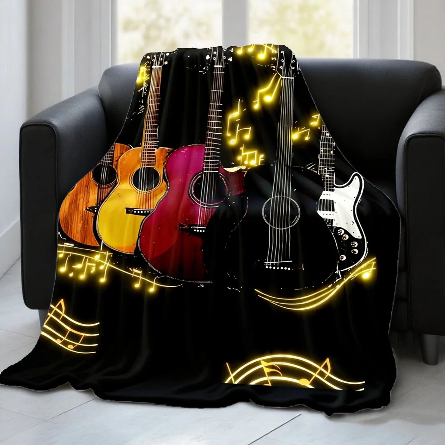 Bohemian Music Guitar Blanket Throw Cozy Rock Lover Decor Aesthetic Musical Notes Gift for Musician