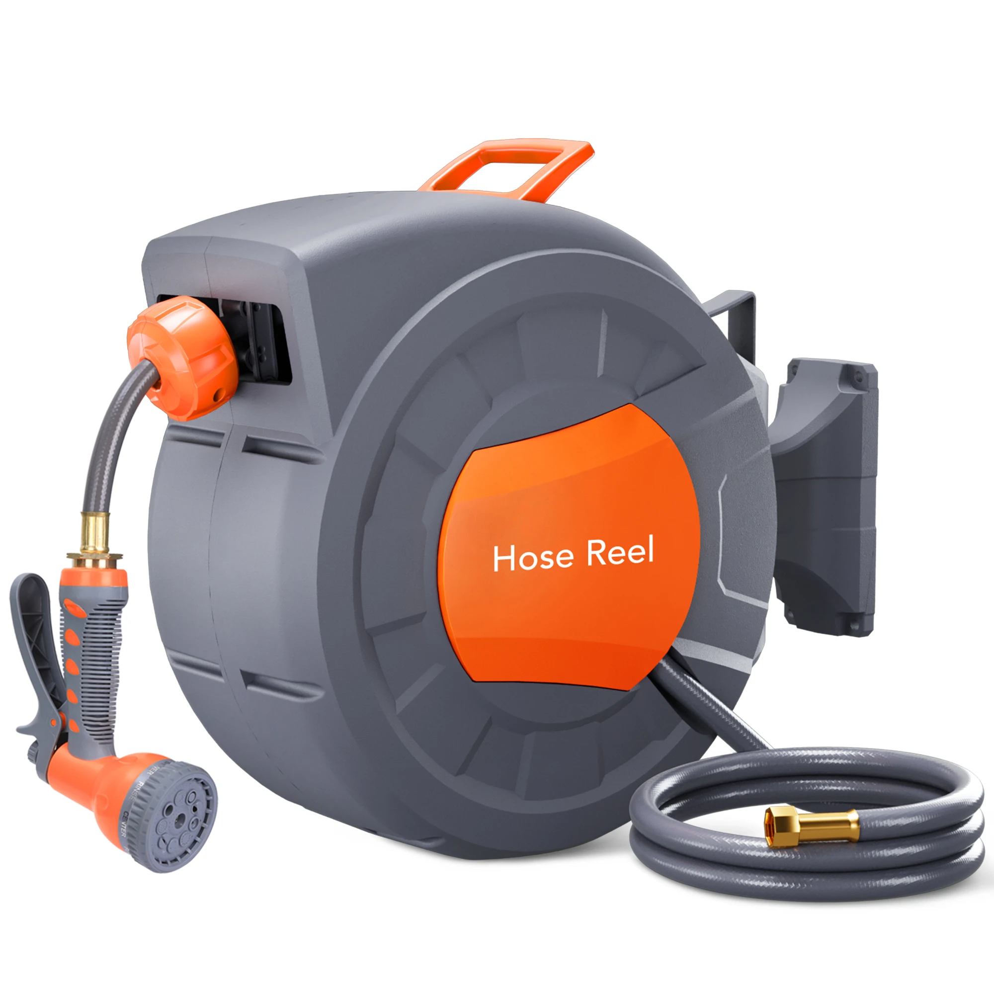 65/100Ft Retractable Garden Hose Reel Wall Mounted, 9-Function Nozzle,Any Length Lock 180 Swivel Auto Slow Rewind for Watering Lawn, Washing Car