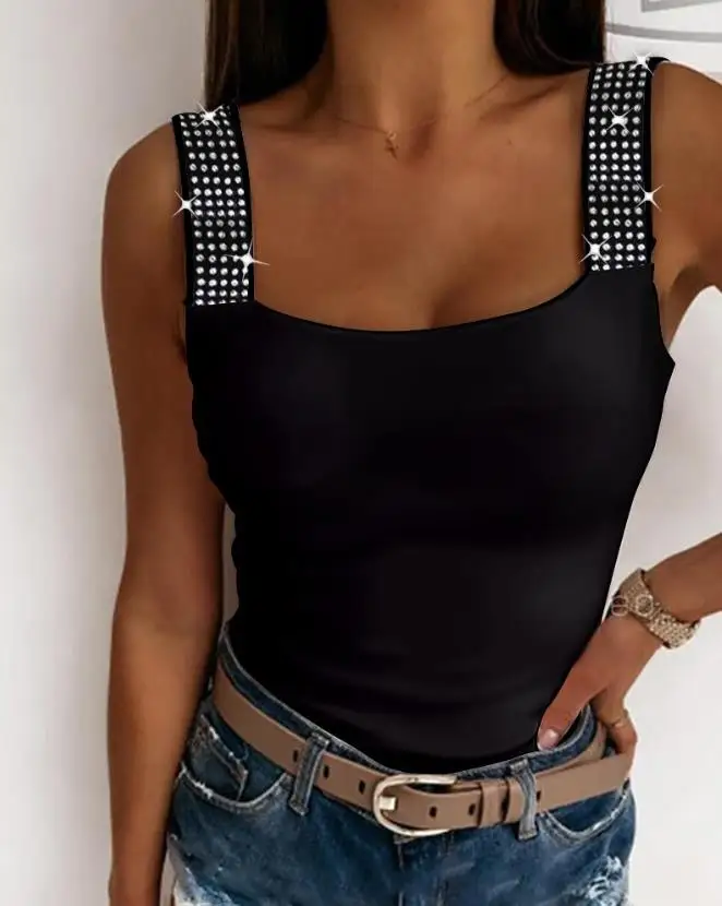 

Top Women 2024 Summer Fashion Rhinestone Embellished Casual Plain Scoop Neck Sleeveless Daily Basics Cami Tank Top