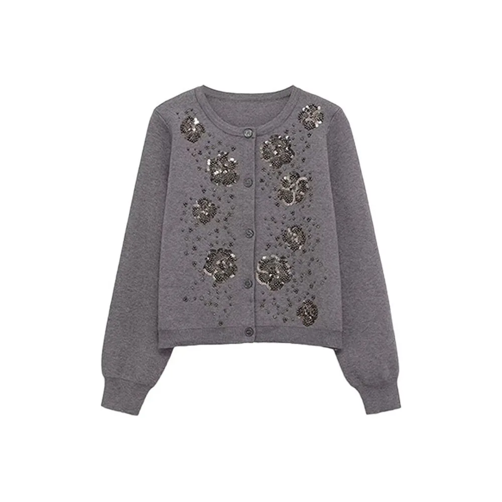 

Осенняя новая женская одежда, элитный вязаный кардиган в стиле ретро с круглым вырезом и цветочным принтом из бисера
