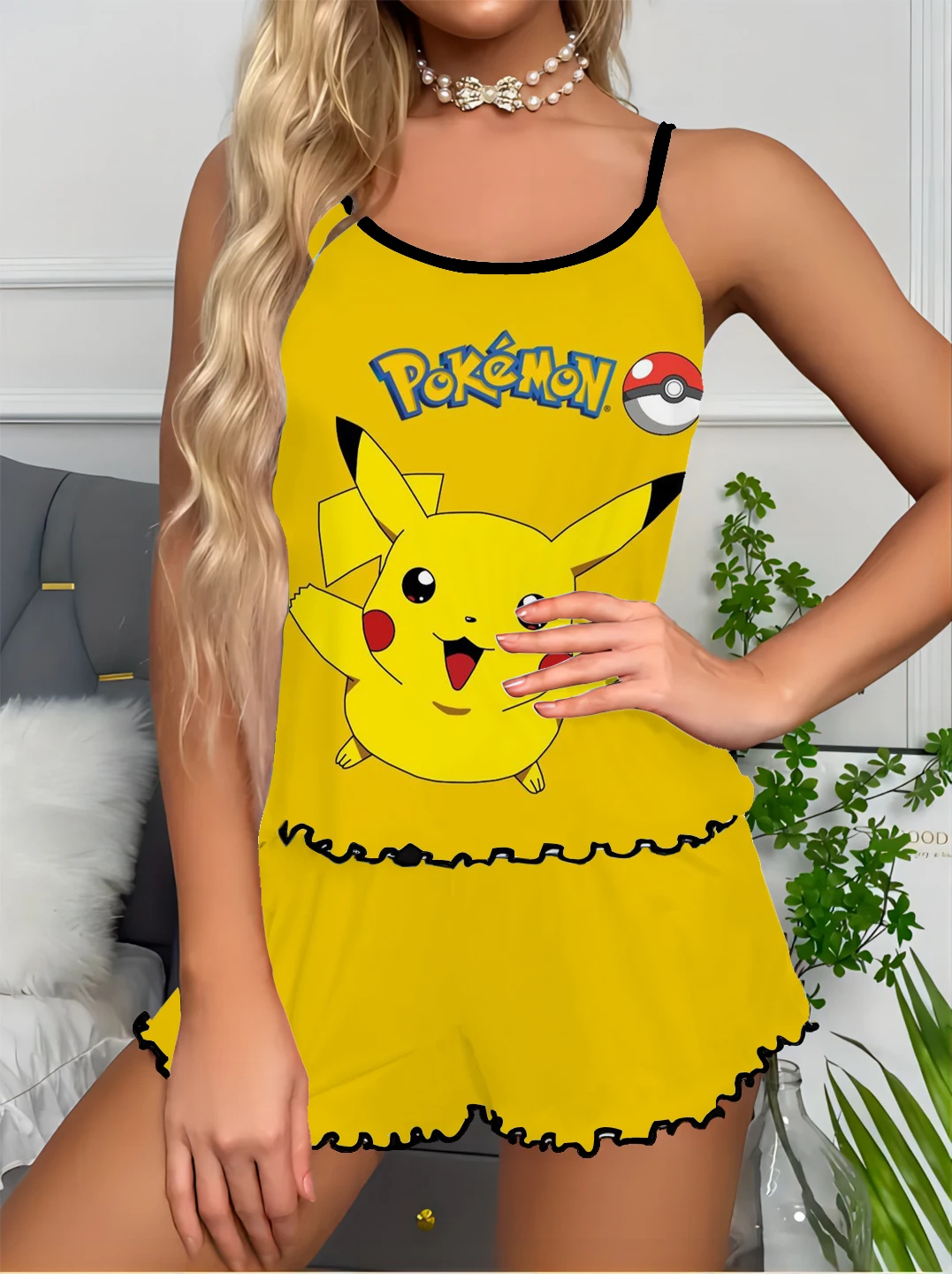 

Silk satin pajamas set sexy lingerie sleeveless camisole cute Pikachu satin silky cartoon print casual simple sweet style