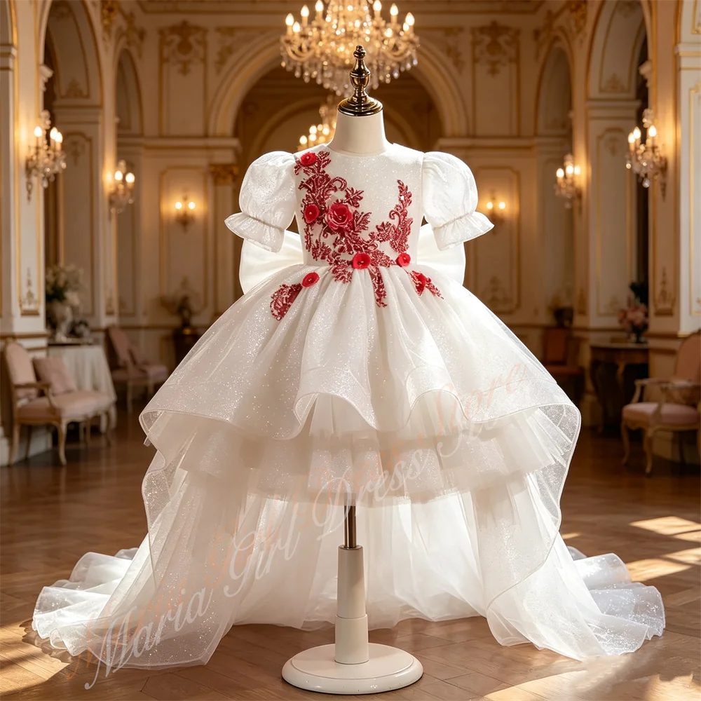 High Low Puff Sleeve 3D Floral Tulle Princess Gown Kids Wedding Back Butterfly Knot with A Trailing Tail Dress