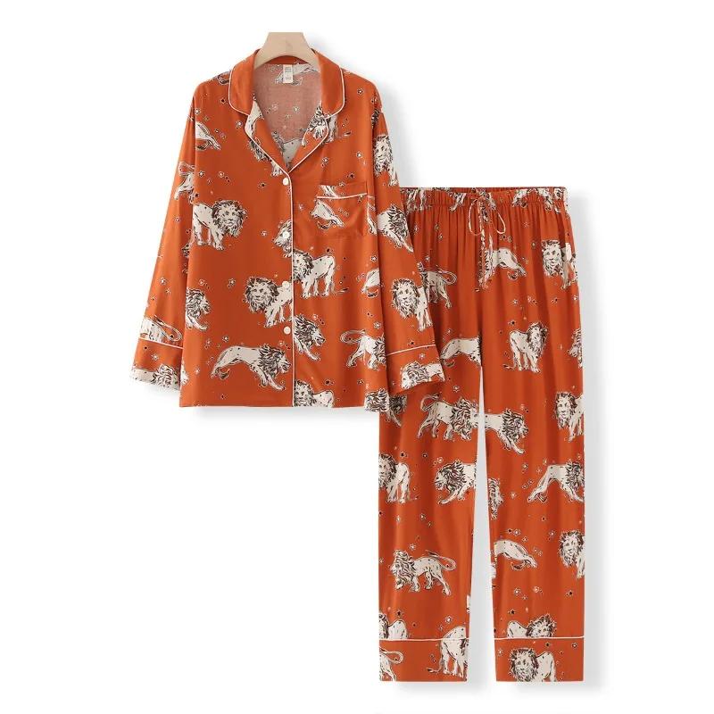 Ladies Short Sleeve Shorts Pajamas Set Comfortable Loungewear Long Loose Home Suit Orange Lion Printing Simulated Silk Sleepwear