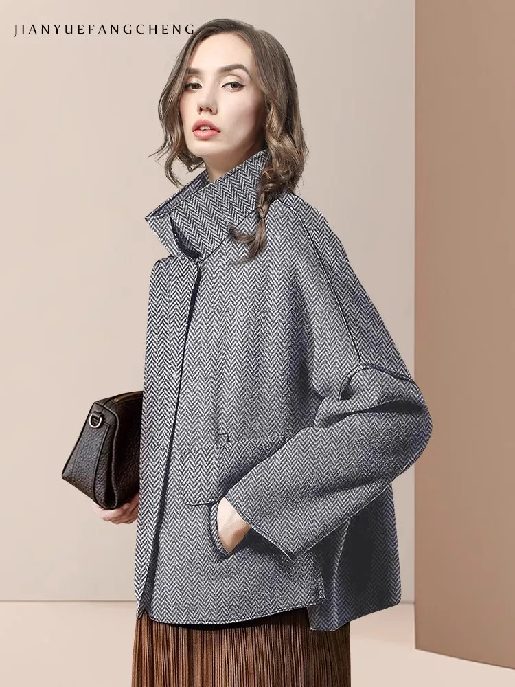 2024 Fall Winter New Women' Grey Woolen Windproof Jacket Loose Long Sleeve Warm Cozy Retro Female Winter Top Coats