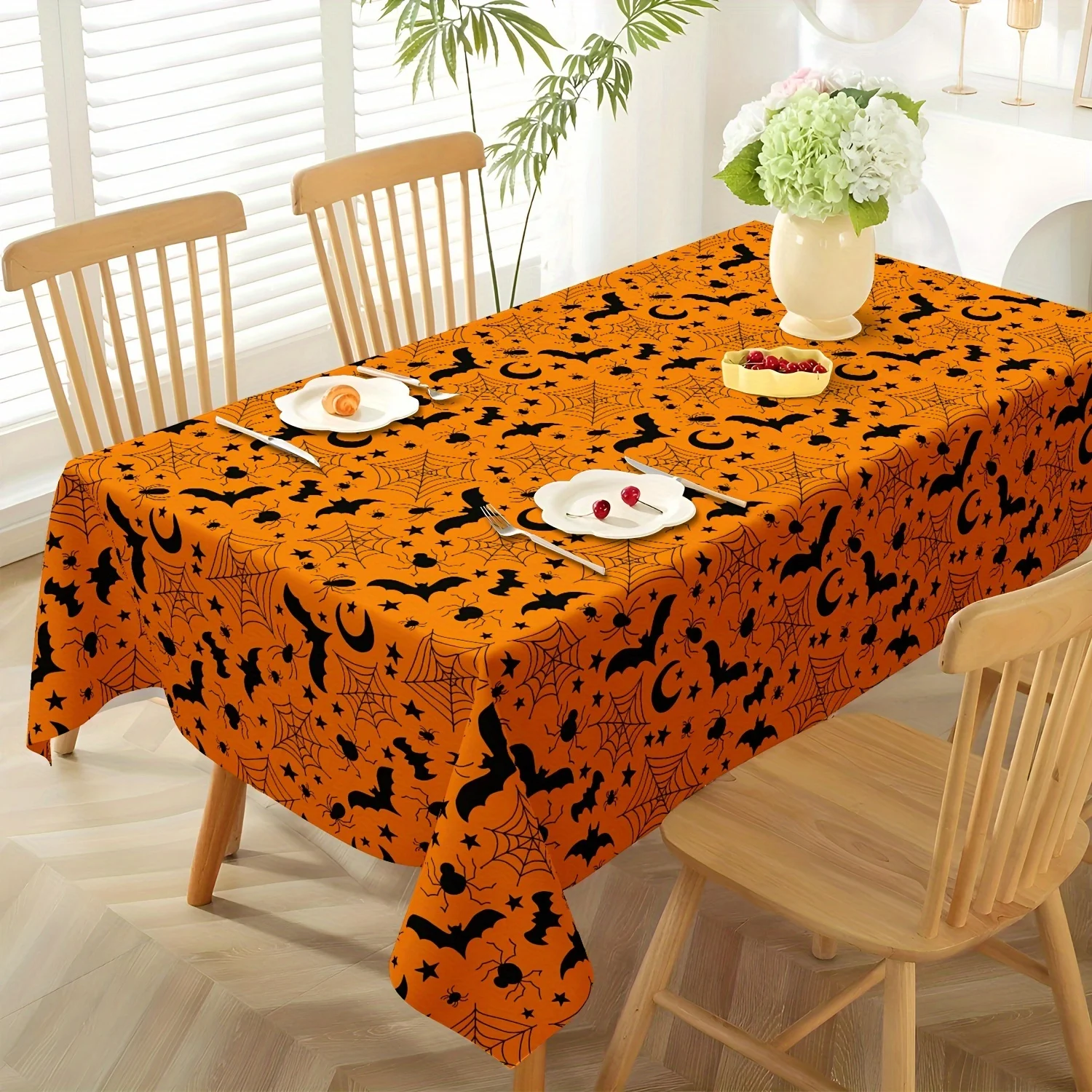 1 piece of Halloween tablecloth - featuring bats, cobwebs and an orange background, perfectly suitable for home decoration.zyc