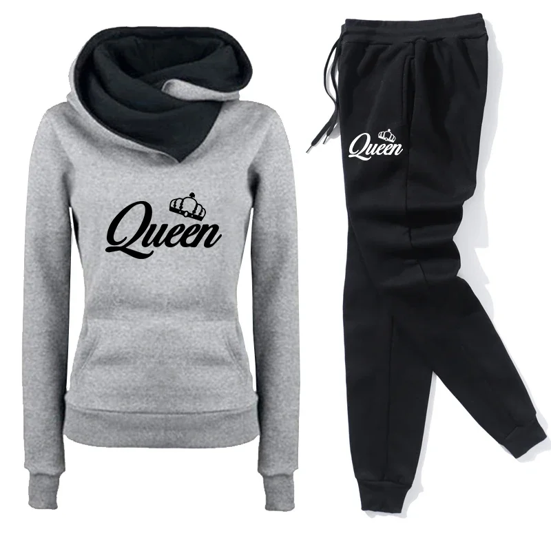 Autumn Winter Popular Womens Tracksuit Warm Hooded Sweatshirts+Jogging Pants 2 Piece Set Queen Printing Outfits Casual Clothing