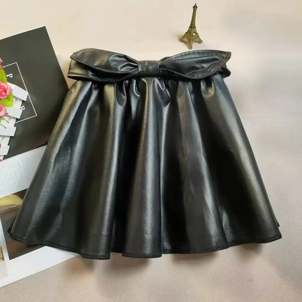 Super Cool Princess Skirt Girls Half Body Skirt Autumn and Winter Fashion Baby Black Leather Skirt Pleated Skirt Pu Short Skirt