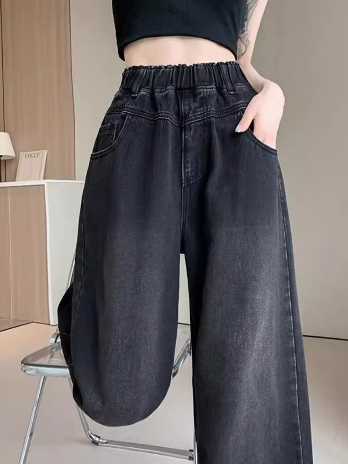 

Faionable Straight Leg Denim Jeans Girls Middle School High Waist Thiened Winter Bla Wide Leg Pants Slimming Effect