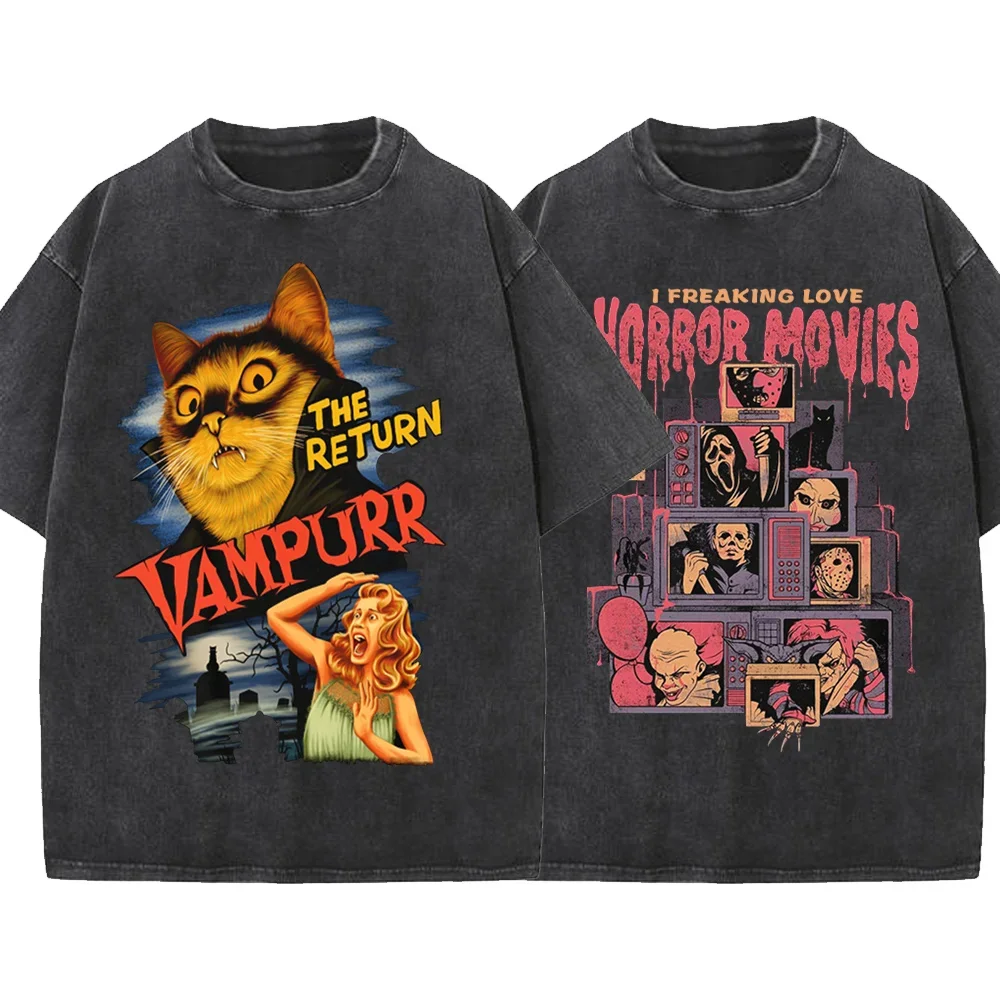 Camiseta Retro lavada con estampado de dolor de Anime para hombre, camiseta informal Harajuku, camiseta urbana de Hip-hop para hombre