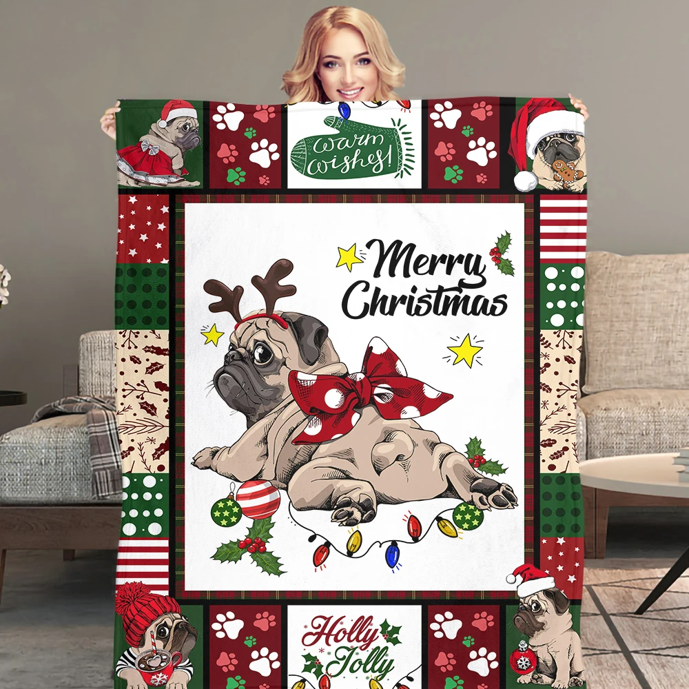 Merry Christmas Dog Blanket Christmas Hat Bow Throw Blanket Plush Warm Soft Office Quilt Bedroom Blanket Special Christmas Gifts