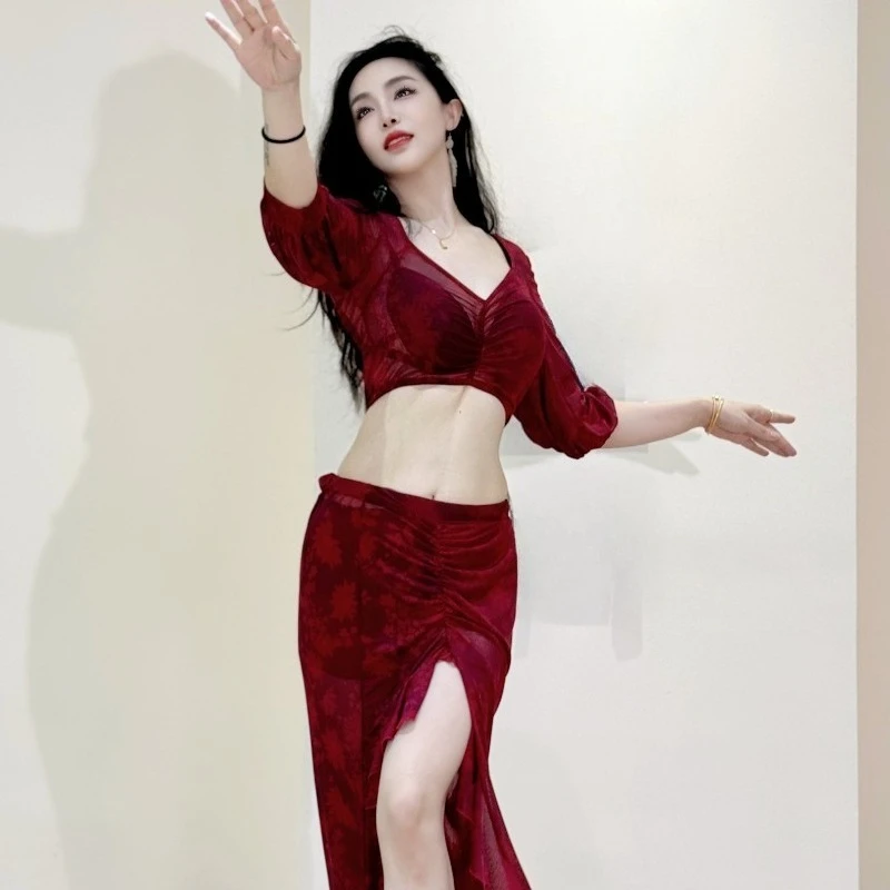 Abito da pratica di danza del ventre sexy Swegal personalizzato Set di maglie stampate rosso vino nobile Costumi di danza orientale Vestito da pratica