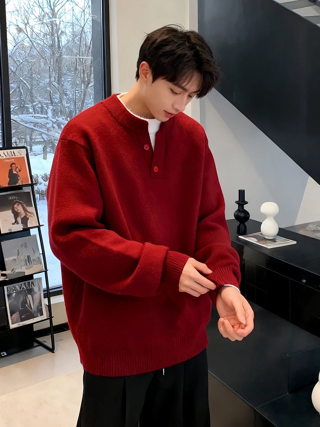 

Red Thiened V-Ne Henry Collar Knitwear Loose Fit Warm Casual Sle for Autumn Winter Season Faionable Streetwear