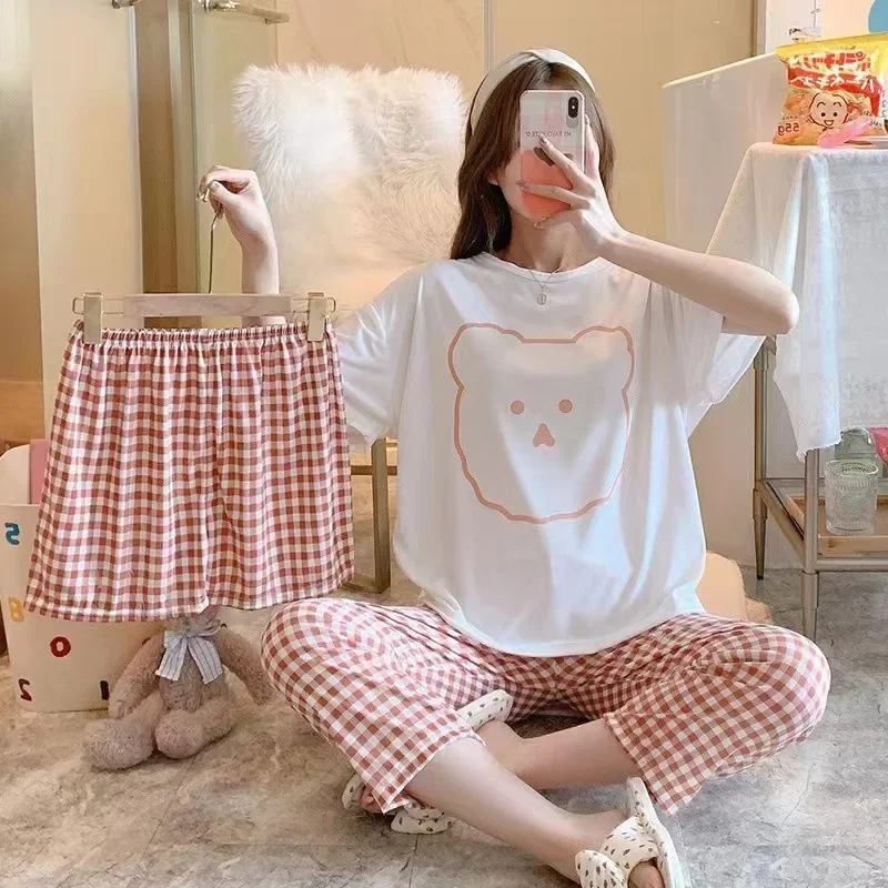 Women\'s New Pajamas Three-Piece Female Summer Short-Sleeved Loose Korean Version Of The Students Large Size Home Wear Pajamas