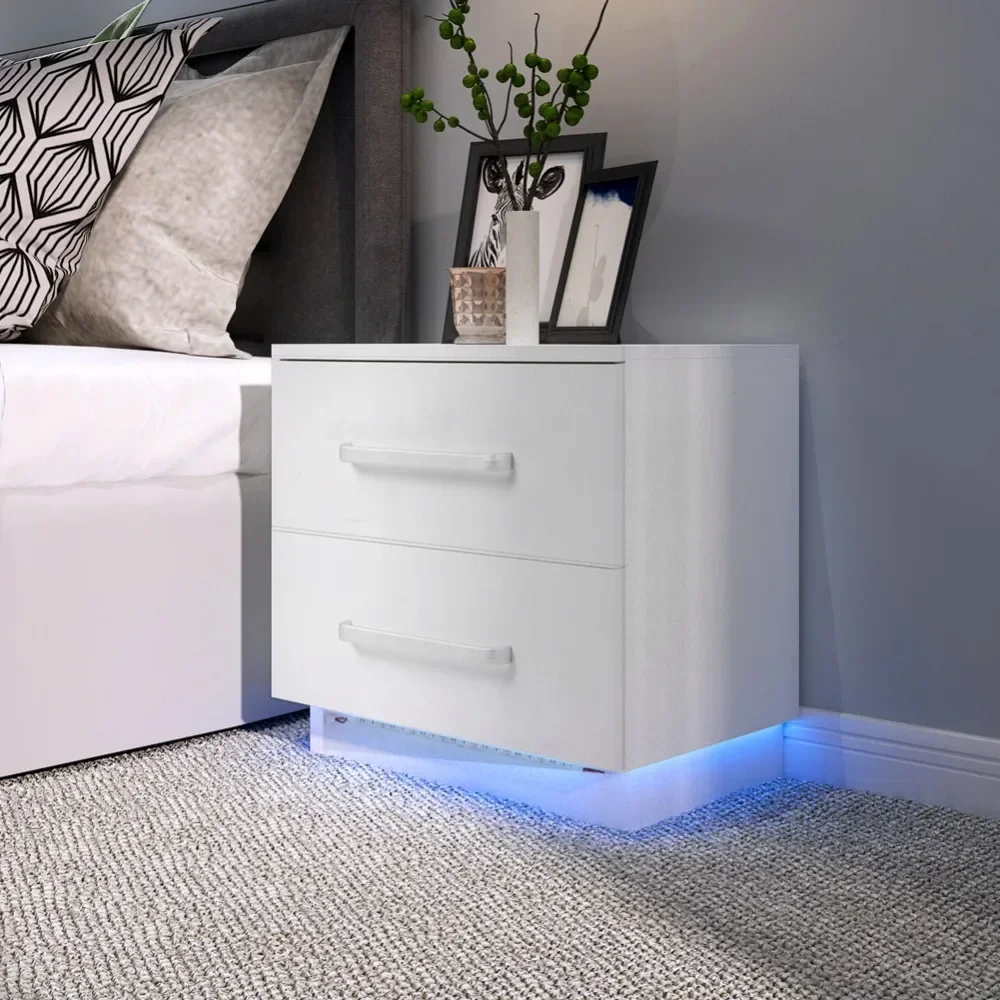 Modern Stylish 2 Drawers Bedside Cabinet with LED Blue Light High Gloss Front Panel for BedroomUS Plug 110V