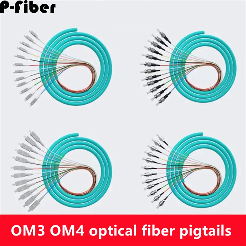 optical fiber pigtails 12 colored SC OM3 OM4 10 Gigabit multimode FC LC ST bundle pigtail aqua  P-fiber