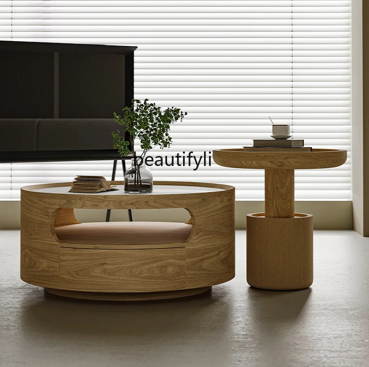 

Nordic Solid Wood Coffee Table round Small Apartment Design Sense Child and Mother Log Sofa and Tea Table Stone Plate