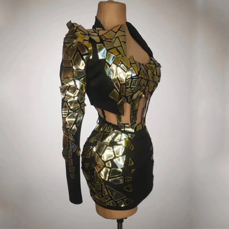 Gouden Zilveren Spiegels Outfits Sexy Paaldansjas Mini Rok Vrouwen Gogo Danseres Kostuum Bar Ds Dj Podiumfestivalkleding