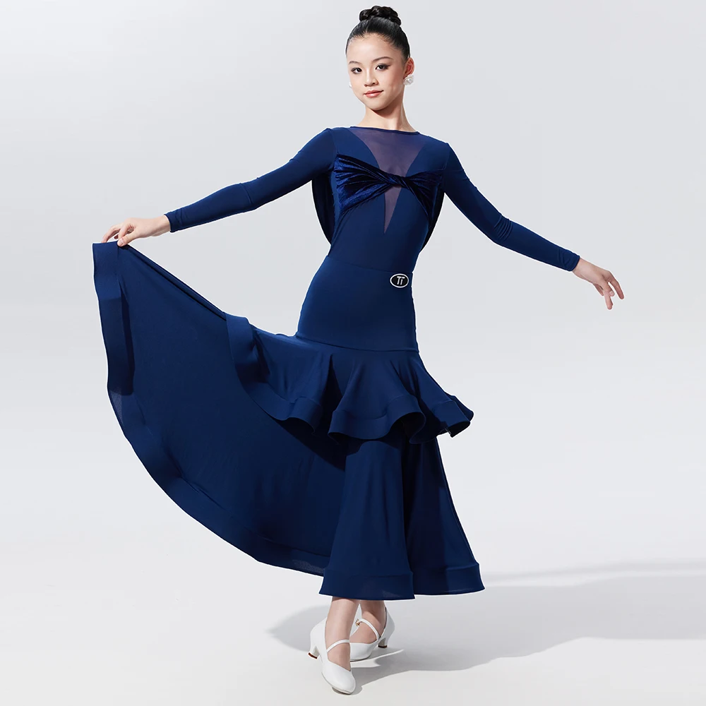 2025 Modern Dance Ballroom Dance Dress For Girls Back Mesh Top Double Fishbone Skirt Chacha Waltz Dance Costumes Wear DN22166