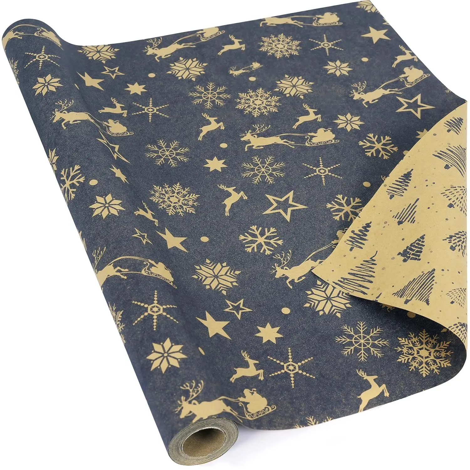 1 Roll Christmas Wrapping Paper, Christmas Wrapping Paper Roll, Vintage Navy Blue and Brown Kraft Paper  17 Inch x 33 Feet