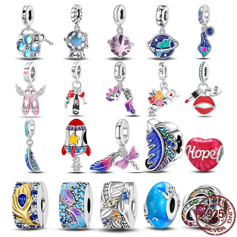 

Fit Original Pandora Bracelet S925 Sterling Silver Colorful Travel Feather Charms DIY Beads For Women Birthday Fine Jewelry Gift