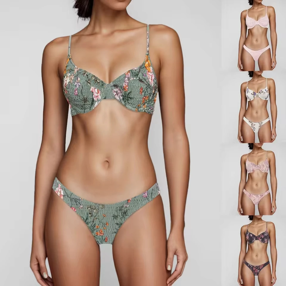 Women Bandeau Bandage Dense Flower Pattern ( Cloth) Bikini Set Push Up Brazilian Swimwear Beachwear Female Thong Bikinis Set