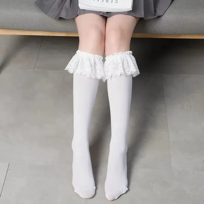 

JK Woman Socks Lace Cute Black White Velvet Lolita Long Socks Sexy Knee High Socks Kawaii Cosplay Anime Ruffle Nylon Stockings