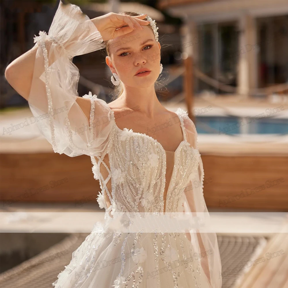 Vestidos De Novia escalonados De tul Vintage, Vestidos De Novia con línea A, Apliques De encaje, mangas largas abullonadas, elegantes, 2024