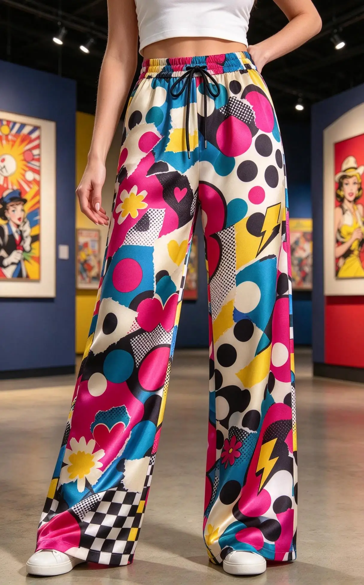 Women Drawstring Wide Leg Pants Pop Art Polka Dot Heart Checkered Print Loose Casual Fashion Trousers