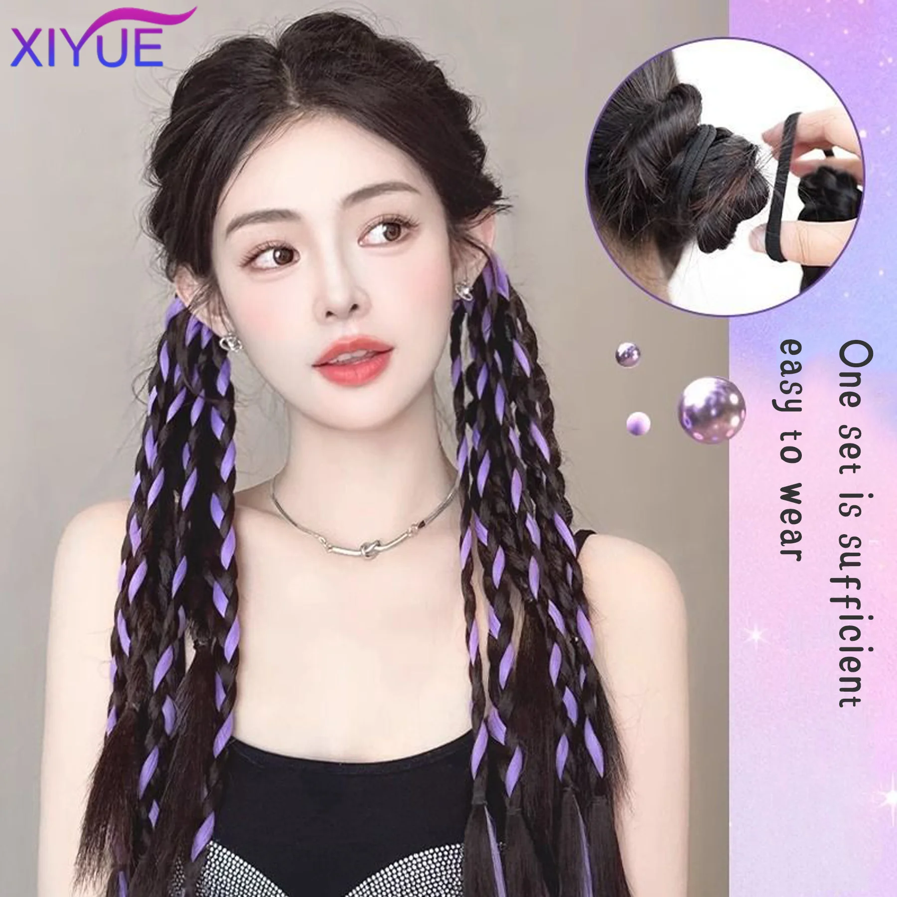 XIYUE Synthetic Long Box Straight Braided Hair Extension Ponytail Elastic Rubber Band Clip-in Black Hairpiece for Women Daily