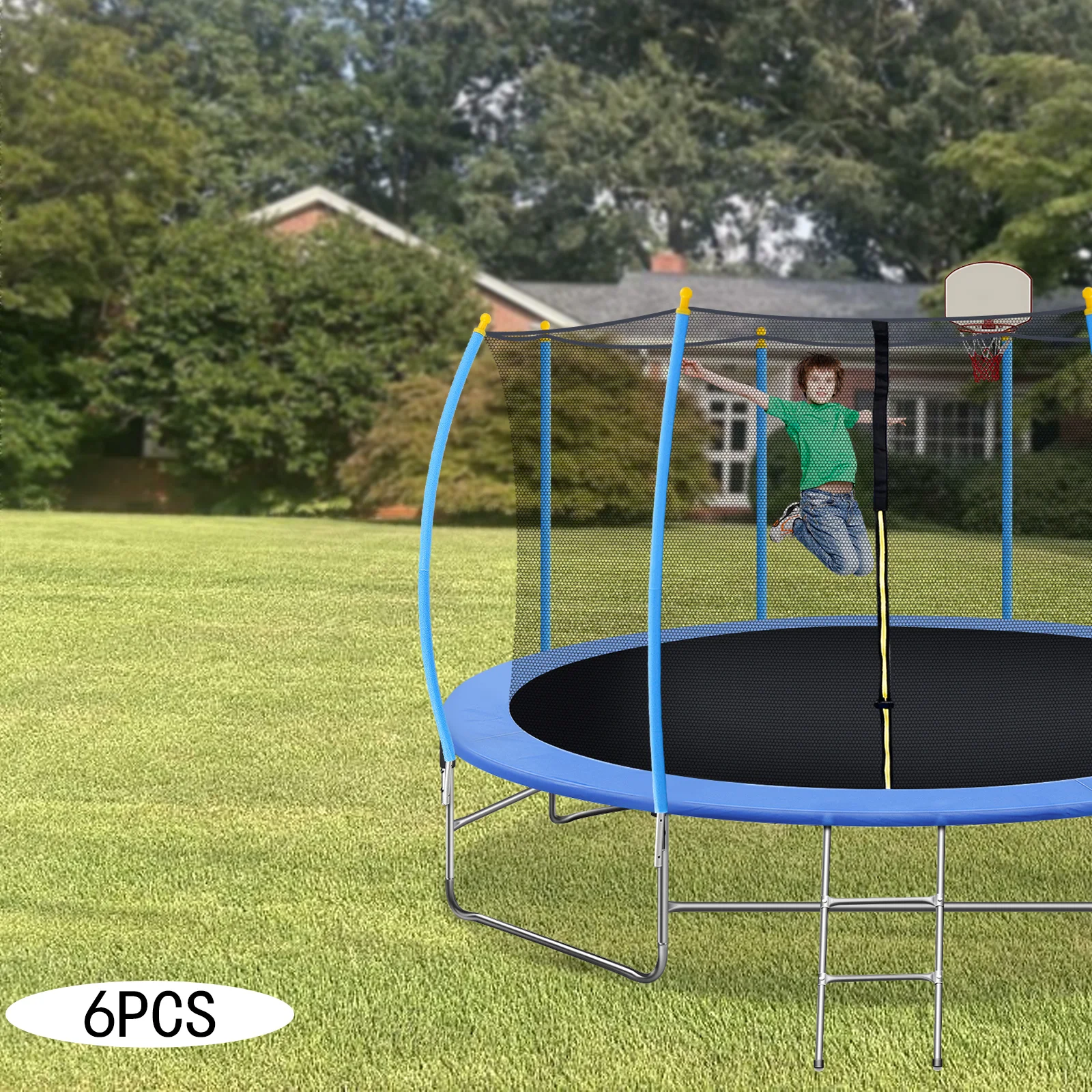 파란색 트램펄린 6개의 두꺼운 아연 도금 강철 파이프 점핑 베드 폼 커버링 가정용 놀이터 및 체육관에서 사용되는 높은 보안