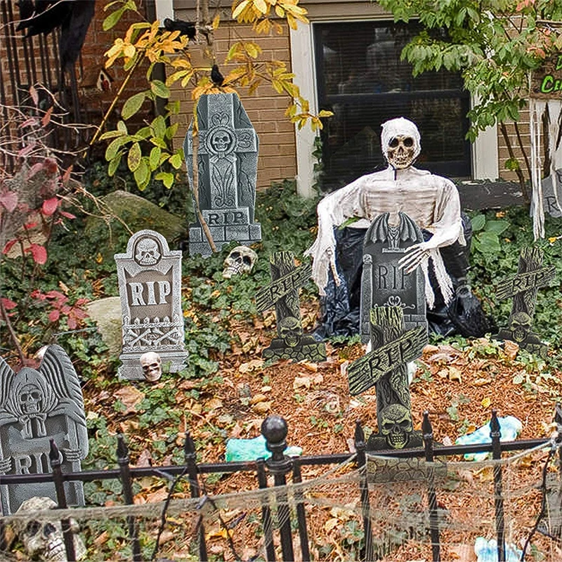 Halloween Decoration Outdoor Graveyard Tombstones Halloween Decor Yard Signs with Stakes Realistic Scary Skeleton RIP Gravestone