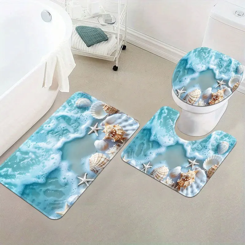 

Набор из 3-х ковриков для ванной с 3D-принтом: морские волны, ракушки, морские звезды. Нескользящие, водонепроницаемые напольные коврики для туалета, раковины, душа, домашнего декора.