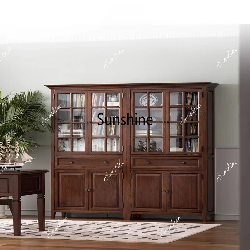 

Glass solid wood with door American all solid wood home light luxury floor against the wall integrated to the top, combination