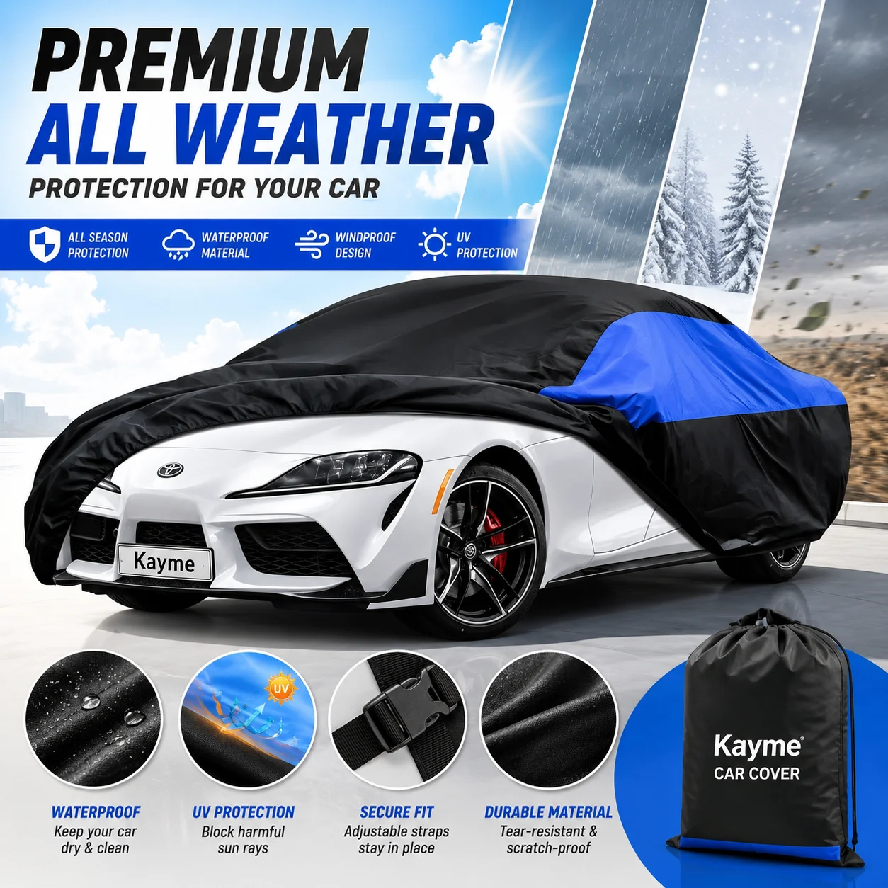 

UV Protection Car Cover Outdoor Waterproof Protection Sun Rain Dust Snow Wind Full vehicle Cover Fit for 185 x 70 x 59 inches