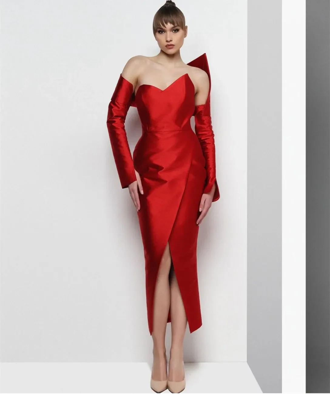 

Customized Elegant Short Red Asymmetrical Neck Evening Dresses Straight Tea Length Prom Dress Party Dresses for Women 2024