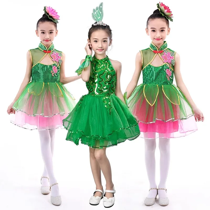 New children girls Jasmine grass dance dress flowers blossoming to the sun boy performing lotus fairy dance gauze dress