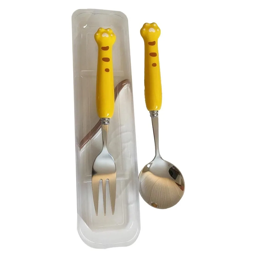 1Set Rustless Steel Tableware Rounded Smooth Cartoon Outer Eating Utensils Short Thick Lightweight Decorative Pack Home Dining