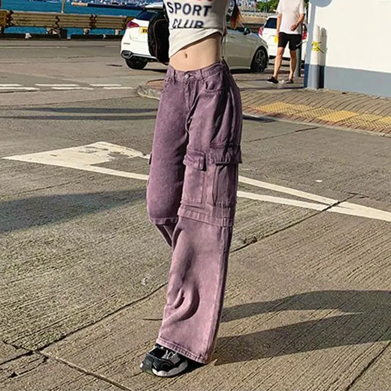 High Street Pockets Spliced Loose Trousers Female Clothing High Waist Cargo Pants American Wide Leg Safari Style Casual Jeans