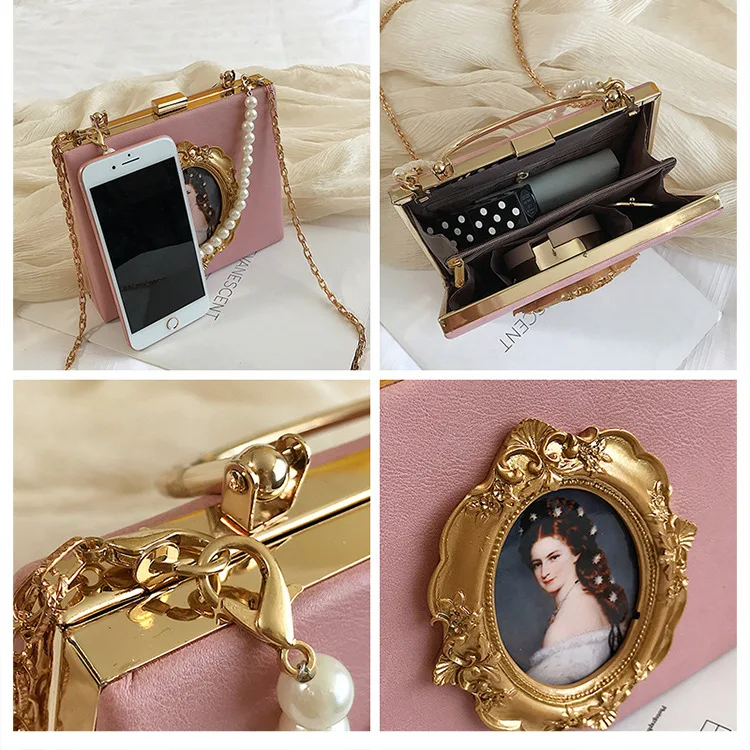 Figure Oil Painting Embossment Small Square Bag Elegant Atmospheric Women Handbag Pearl Decoration Crossbody Shoulder Bag BM072